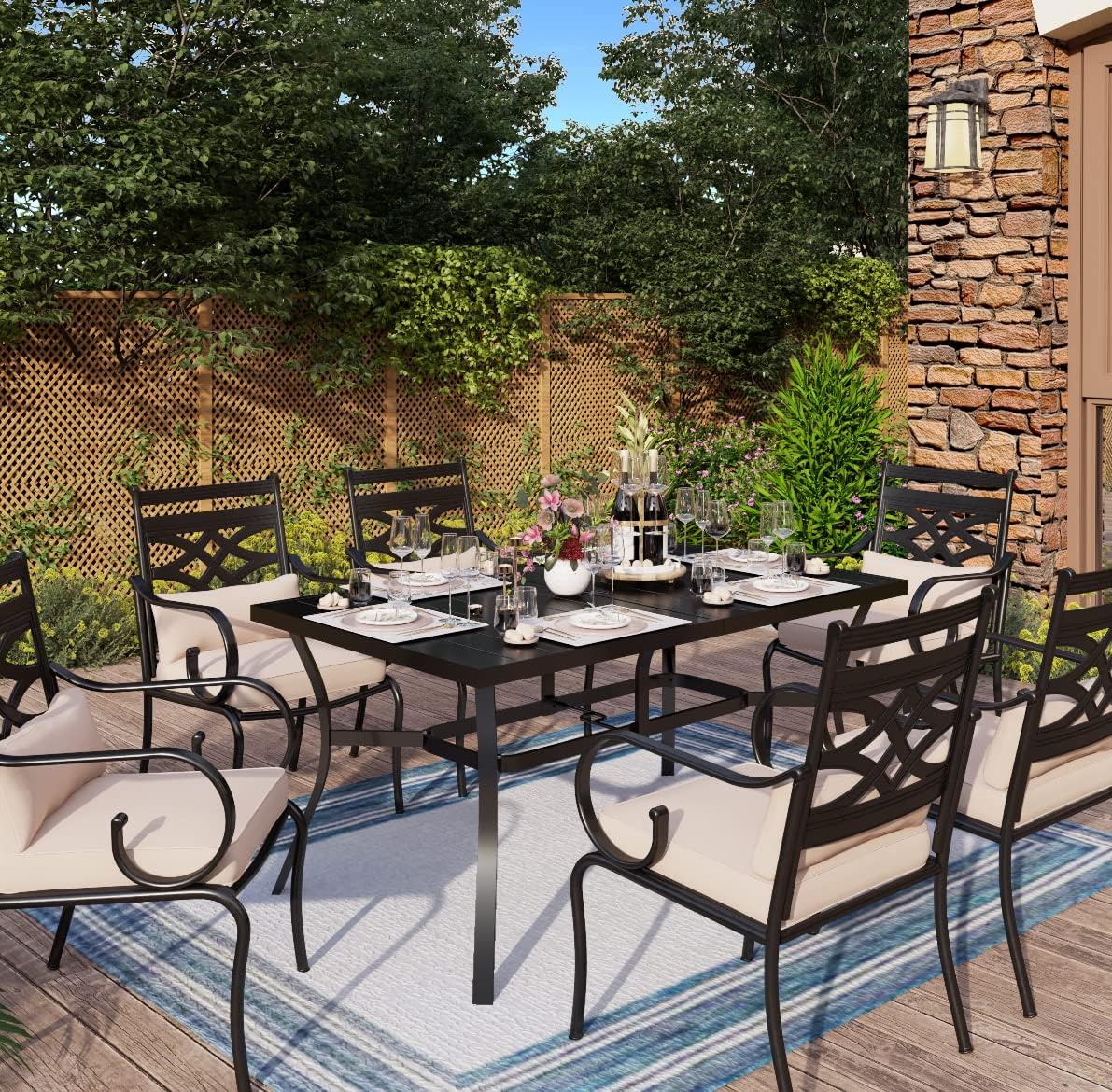 Patioslife 7 PCS Patio Dining Set – Rectangular Table with Umbrella Hole & 6 Cushioned Chairs for Backyard|Porch|Balcony|Deck