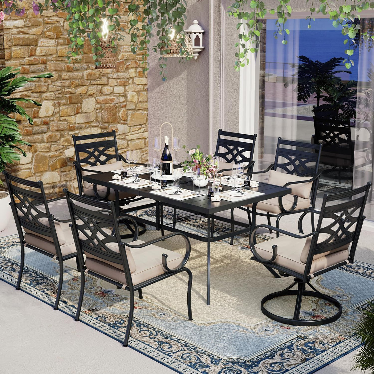 Patioslife 7 PCS Patio Dining Set – Rectangular Table with Umbrella Hole & 6 Cushioned Chairs for Backyard|Porch|Balcony|Deck