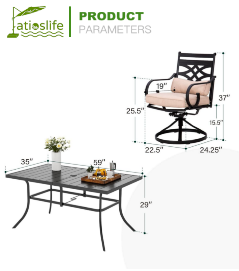 Patioslife 7 PCS Patio Dining Set – Rectangular Table with Umbrella Hole & 6 Cushioned Chairs for Backyard|Porch|Balcony|Deck