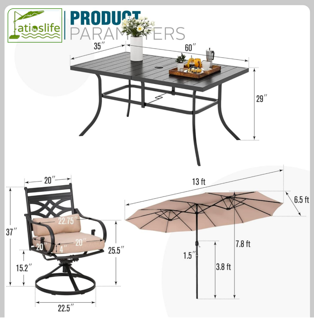 Patioslife 7 PCS Patio Dining Set – Rectangular Table with Umbrella Hole & 6 Cushioned Chairs for Backyard|Porch|Balcony|Deck