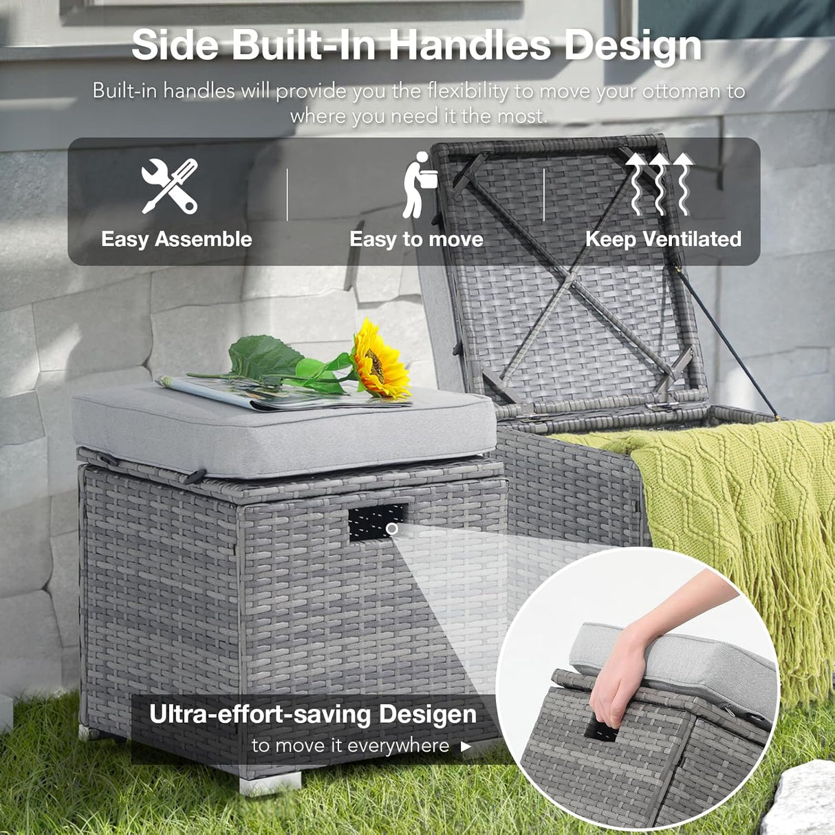 Patioslife Outdoor Ottoman with Storage – Grey PE Rattan Footrest with Thick Cushion for Patio or Pool