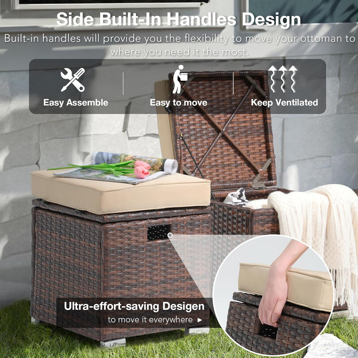 Patioslife Outdoor Ottoman with Storage – Grey PE Rattan Footrest with Thick Cushion for Patio or Pool