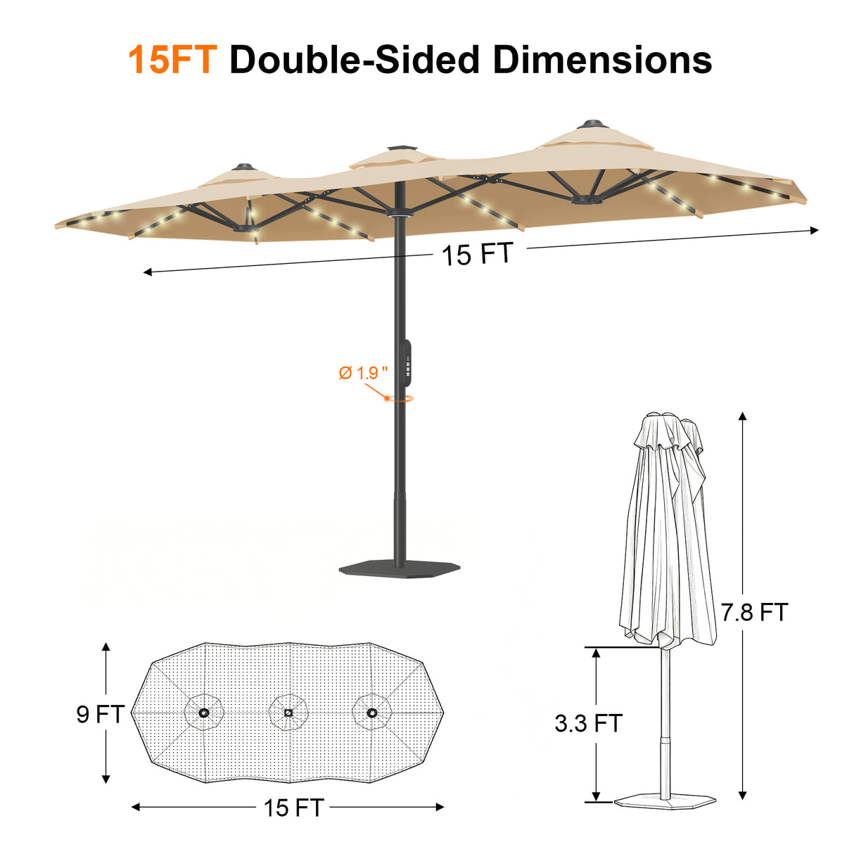Patioslife Aegis Premium Motorized Double-Sided Patio Umbrella — Remote Control, UPF 50+, Solar LED & Windproof Frame
