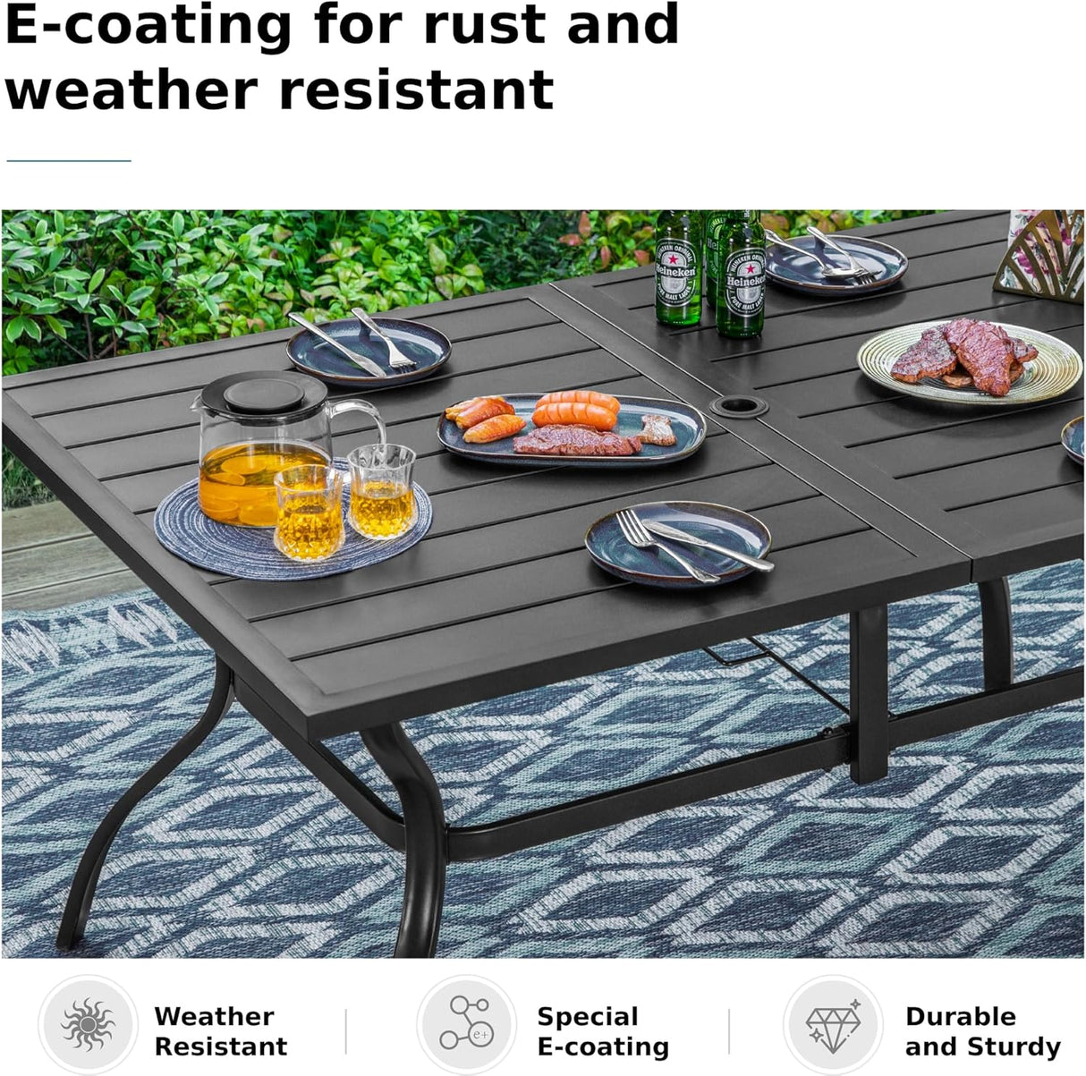 Patioslife 7 PCS Patio Dining Set – Rectangular Table with Umbrella Hole & 6 Cushioned Chairs for Backyard|Porch|Balcony|Deck
