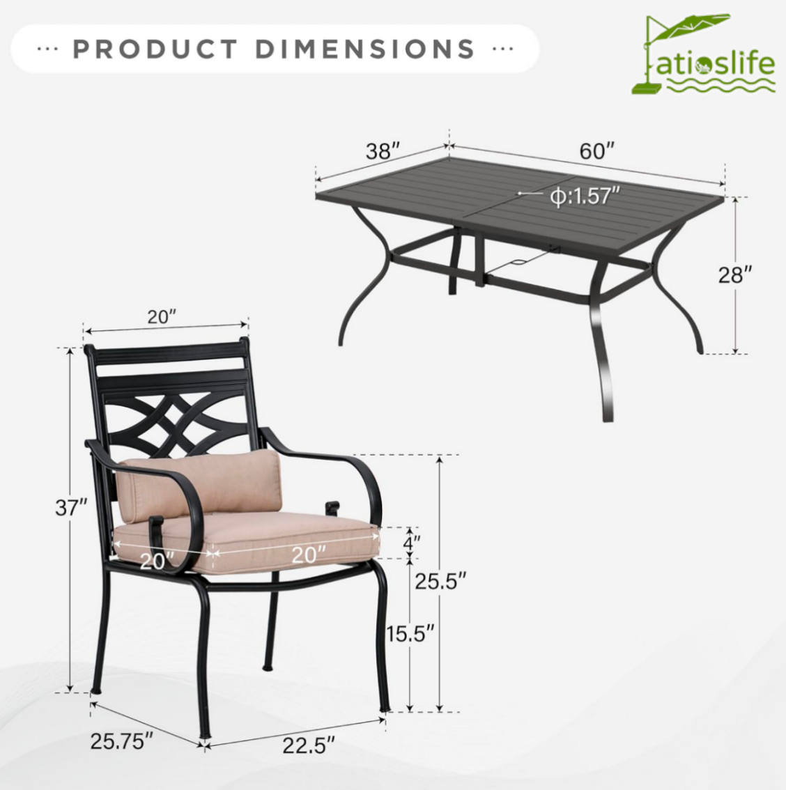Patioslife 7 PCS Patio Dining Set – Rectangular Table with Umbrella Hole & 6 Cushioned Chairs for Backyard|Porch|Balcony|Deck