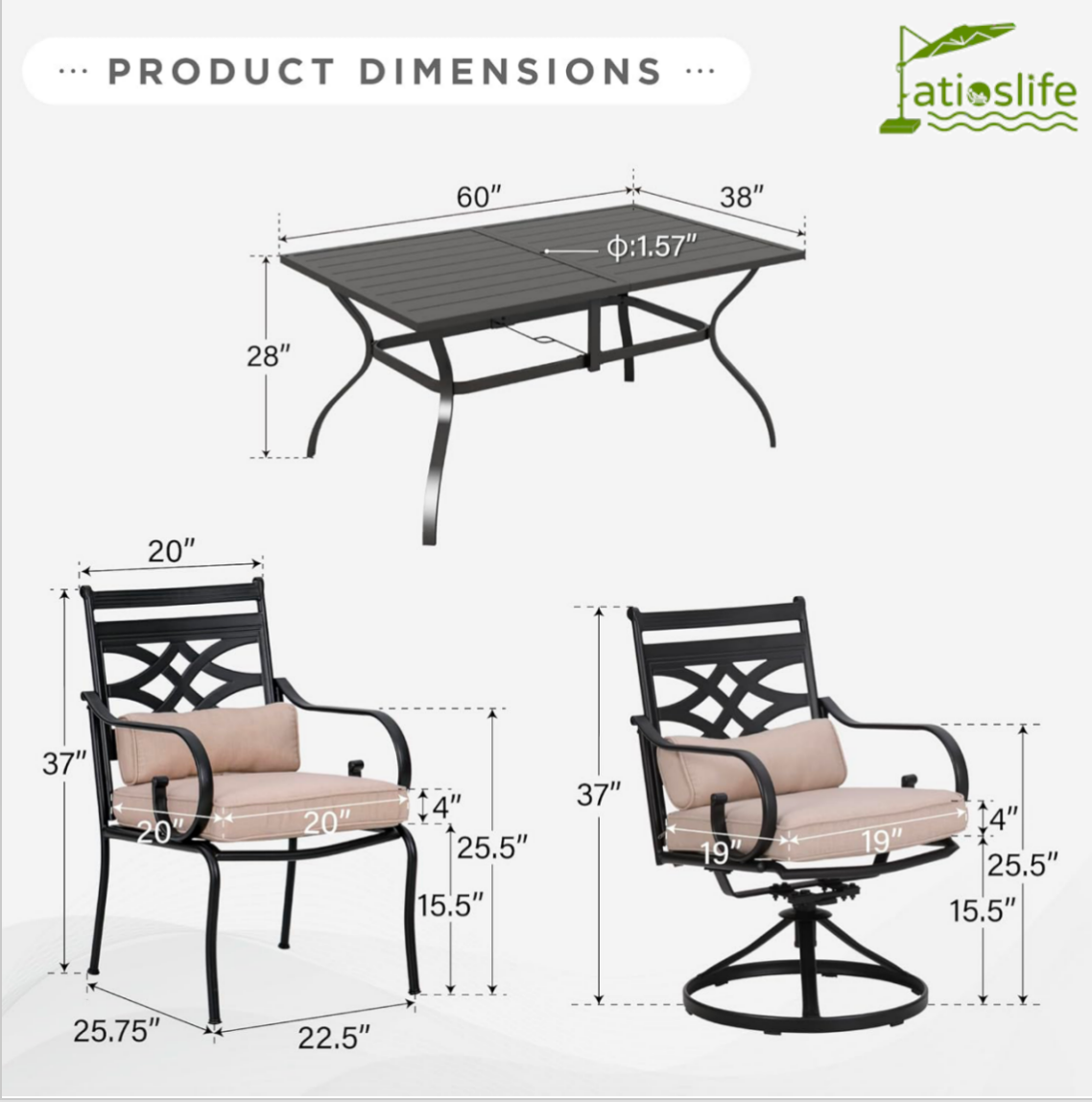 Patioslife 7 PCS Patio Dining Set – Rectangular Table with Umbrella Hole & 6 Cushioned Chairs for Backyard|Porch|Balcony|Deck