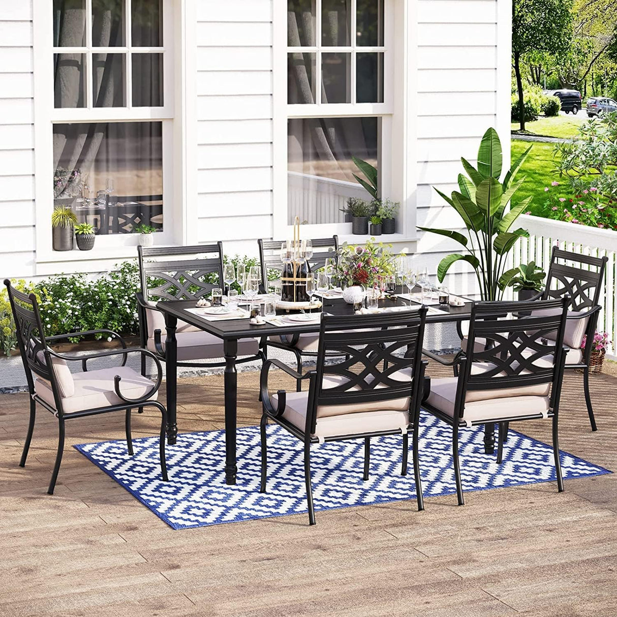 Patioslife 7 PCS Patio Dining Set – Rectangular Table with Umbrella Hole & 6 Cushioned Chairs for Backyard|Porch|Balcony|Deck