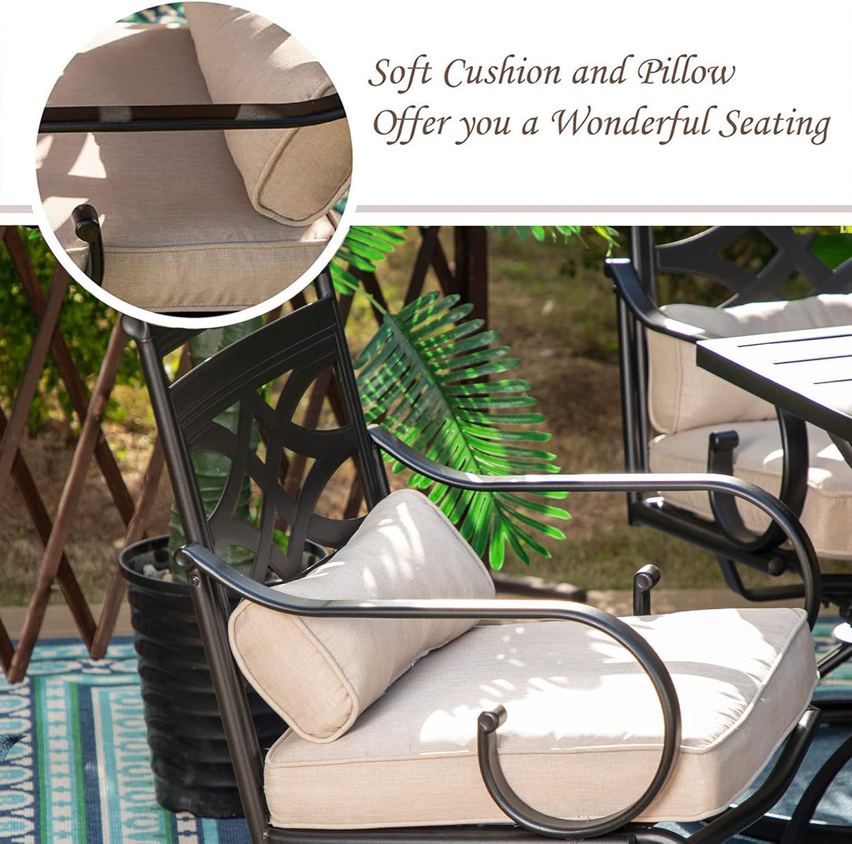 Patioslife 7 PCS Patio Dining Set – Rectangular Table with Umbrella Hole & 6 Cushioned Chairs for Backyard|Porch|Balcony|Deck