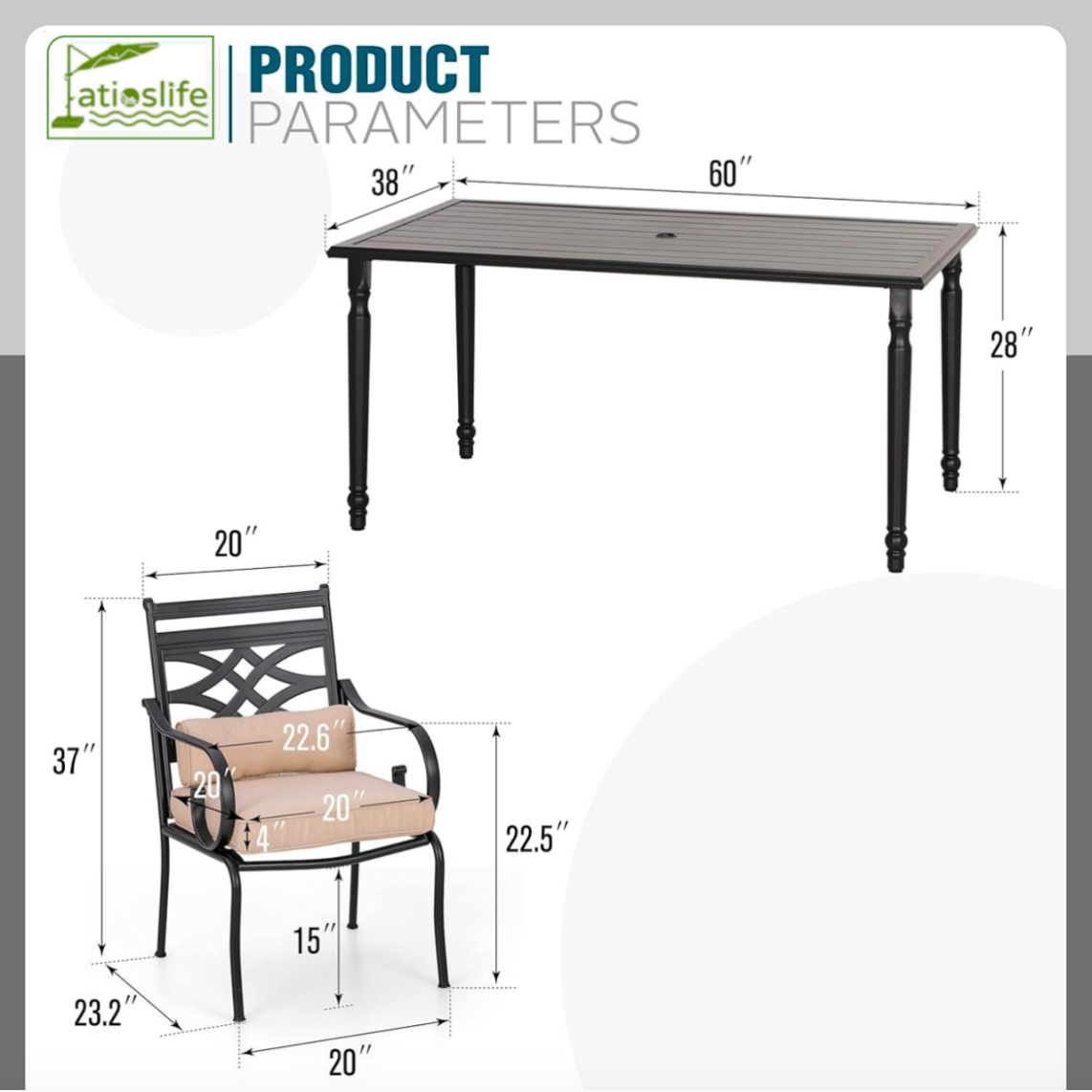 Patioslife 7 PCS Patio Dining Set – Rectangular Table with Umbrella Hole & 6 Cushioned Chairs for Backyard|Porch|Balcony|Deck