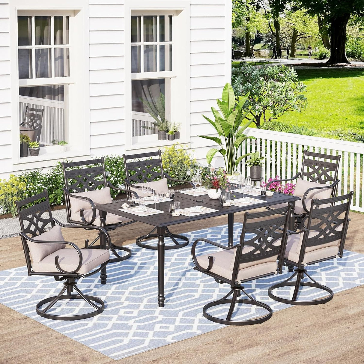 Patioslife 7 PCS Patio Dining Set – Rectangular Table with Umbrella Hole & 6 Cushioned Chairs for Backyard|Porch|Balcony|Deck