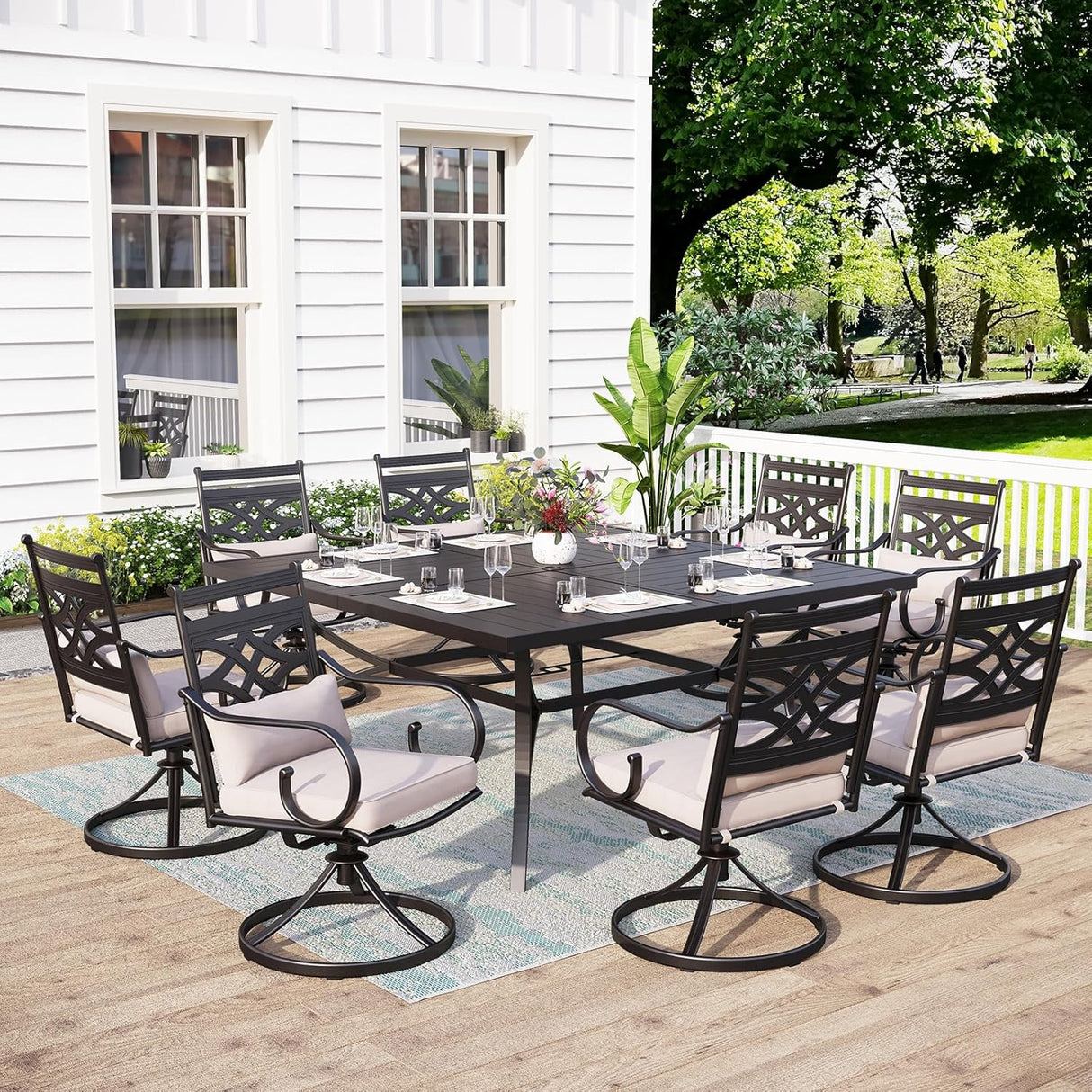 Patioslife 7 PCS Patio Dining Set – Rectangular Table with Umbrella Hole & 6 Cushioned Chairs for Backyard|Porch|Balcony|Deck