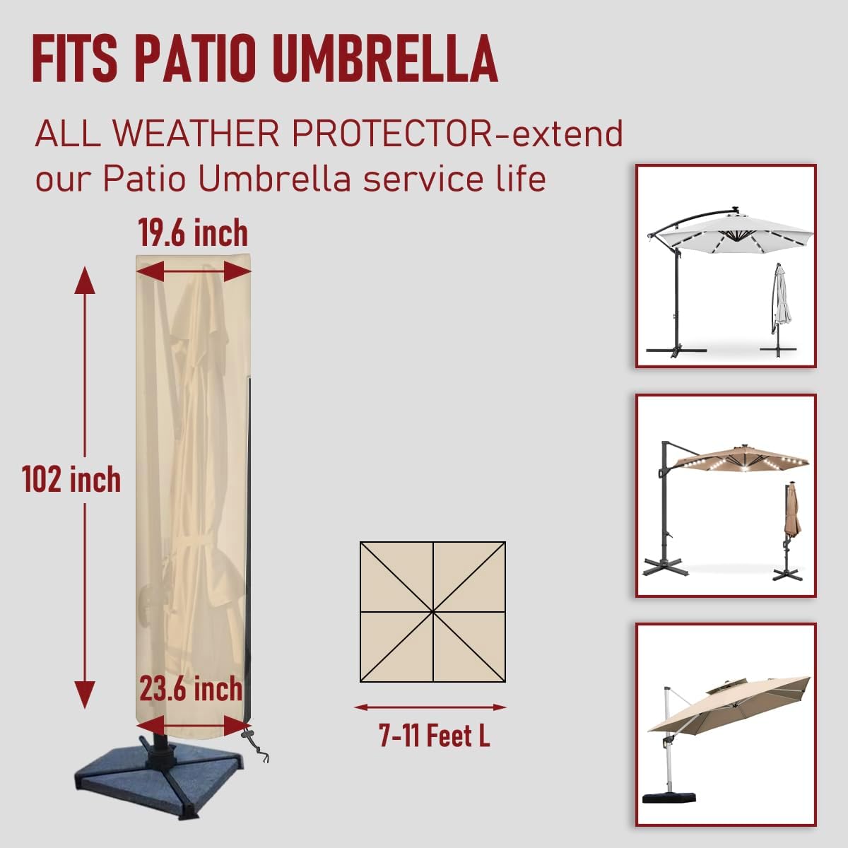 Patioslife Patio Umbrella Cover for 9–13 ft Cantilever Offset Umbrellas, Heavy Duty Waterproof Outdoor Parasol Cover with Zipper & Rod, UV Resistant