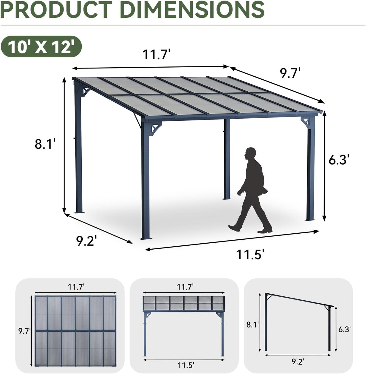 Patioslife Large Wall-Mounted Heavy Duty Awnings Gazebos Pergola UV & Rain Protection for Patio, Decks, Backyard