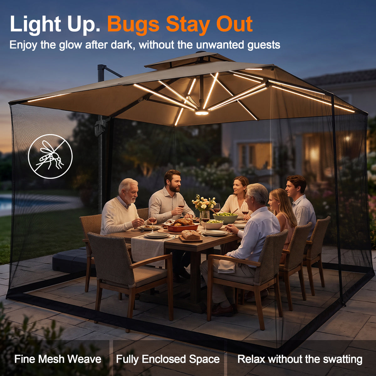 Patioslife Mosquito Net for Cantilever Patio Umbrella – Zippered Bug Netting Enclosure with Weighted Hem, Fits 8–13 ft Umbrellas
