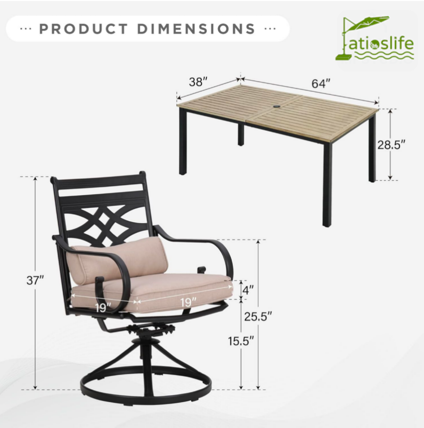 Patioslife 7 PCS Patio Dining Set – Rectangular Table with Umbrella Hole & 6 Cushioned Chairs for Backyard|Porch|Balcony|Deck