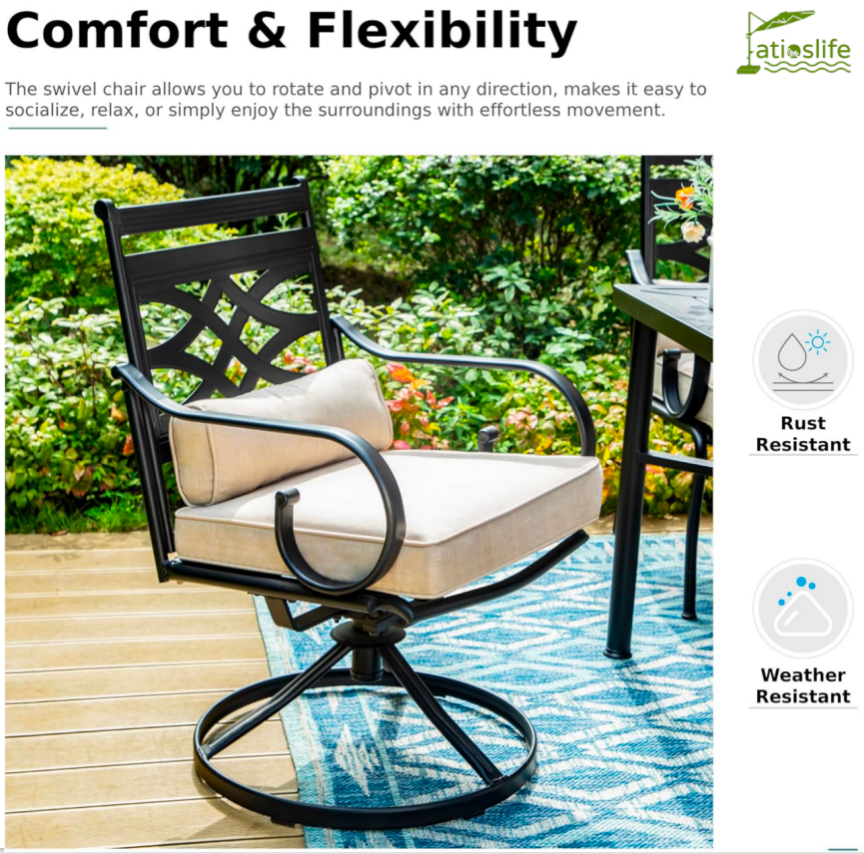 Patioslife 7 PCS Patio Dining Set – Rectangular Table with Umbrella Hole & 6 Cushioned Chairs for Backyard|Porch|Balcony|Deck