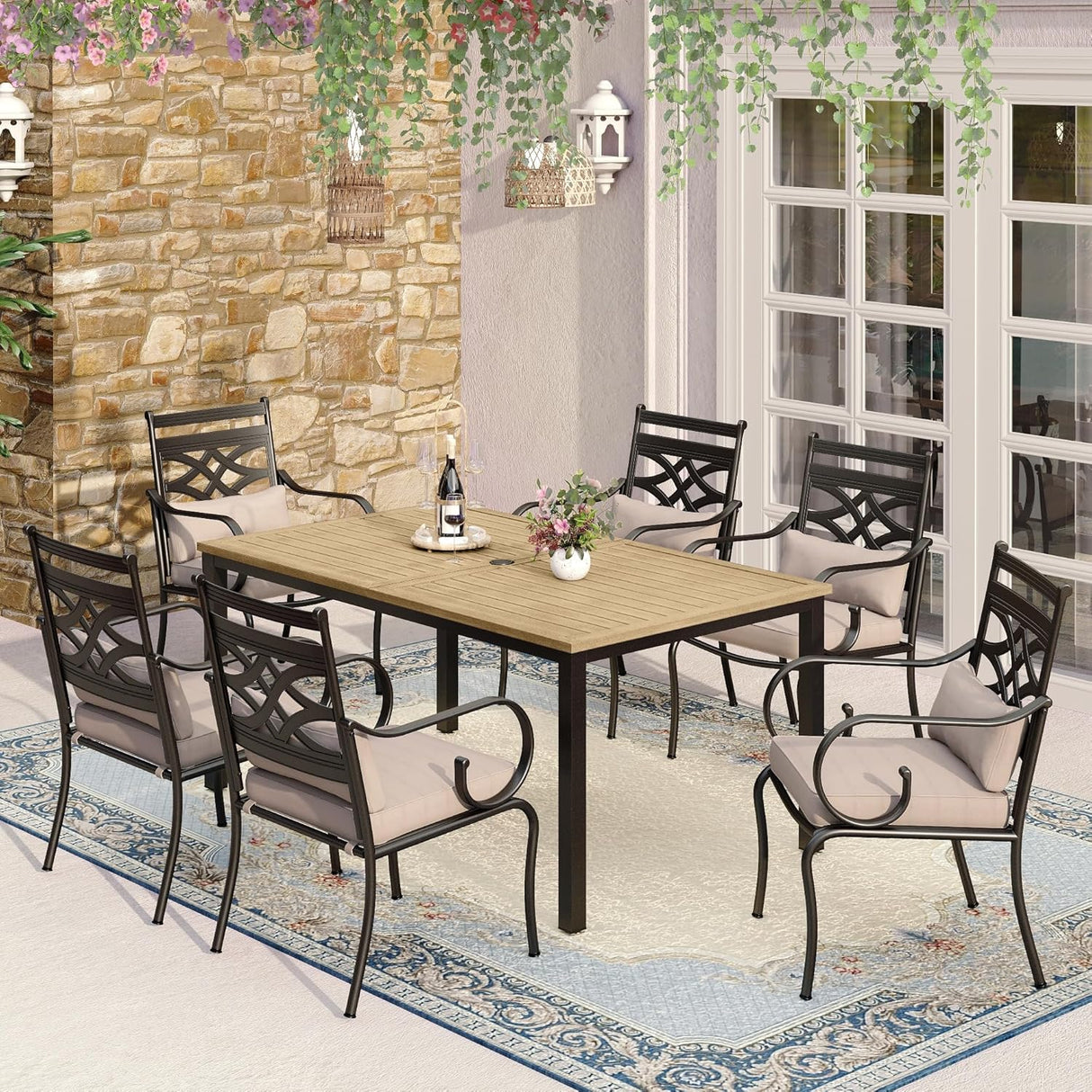 Patioslife 7 PCS Patio Dining Set – Rectangular Table with Umbrella Hole & 6 Cushioned Chairs for Backyard|Porch|Balcony|Deck
