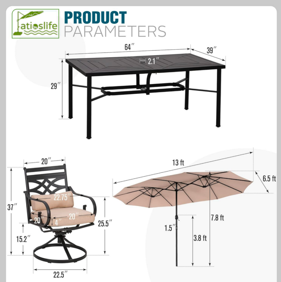 Patioslife 7 PCS Patio Dining Set – Rectangular Table with Umbrella Hole & 6 Cushioned Chairs for Backyard|Porch|Balcony|Deck