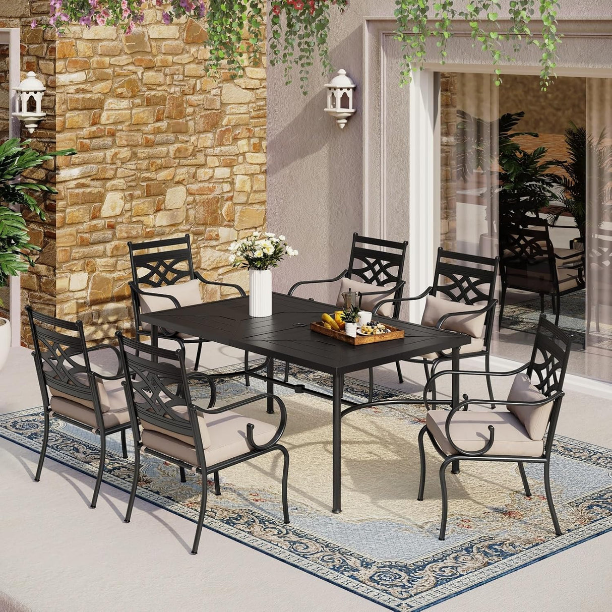 Patioslife 7 PCS Patio Dining Set – Rectangular Table with Umbrella Hole & 6 Cushioned Chairs for Backyard|Porch|Balcony|Deck