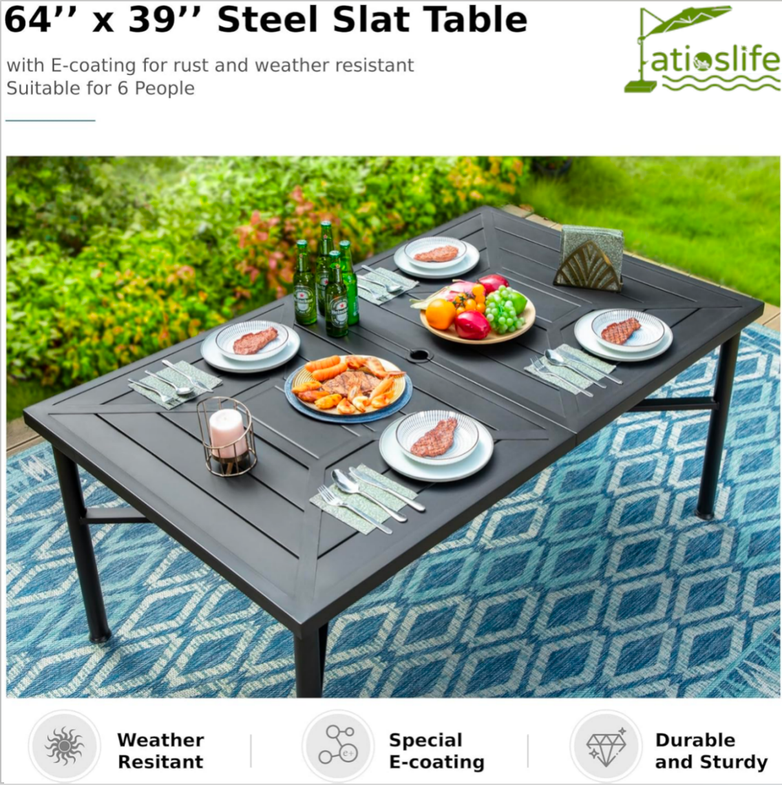 Patioslife 7 PCS Patio Dining Set – Rectangular Table with Umbrella Hole & 6 Cushioned Chairs for Backyard|Porch|Balcony|Deck