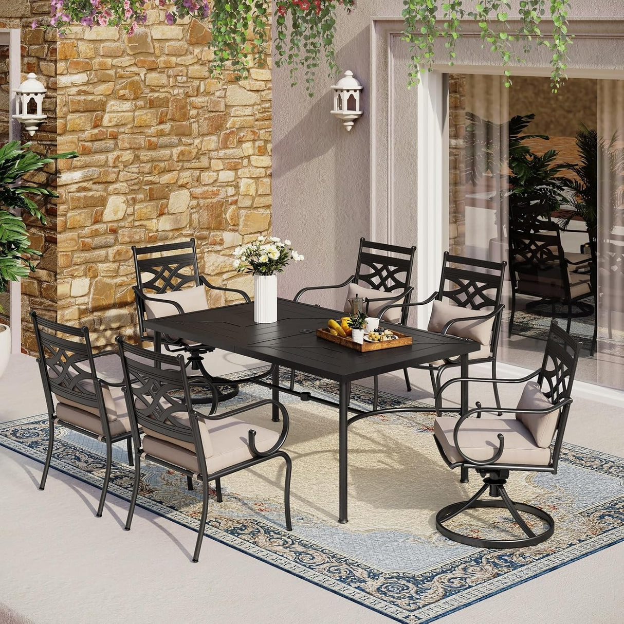 Patioslife 7 PCS Patio Dining Set – Rectangular Table with Umbrella Hole & 6 Cushioned Chairs for Backyard|Porch|Balcony|Deck
