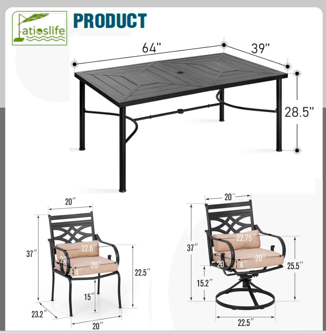Patioslife 7 PCS Patio Dining Set – Rectangular Table with Umbrella Hole & 6 Cushioned Chairs for Backyard|Porch|Balcony|Deck