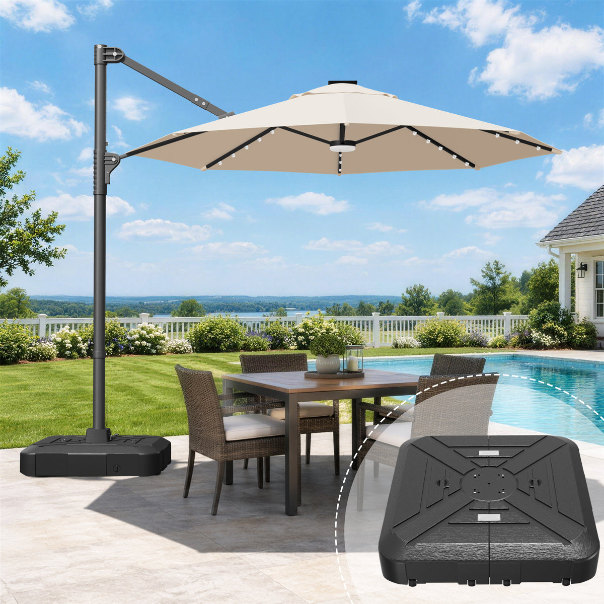 Patioslife Aegis 10ft Round Cantilever Patio Umbrella with solar LED lights | Premium Cover | Large Base