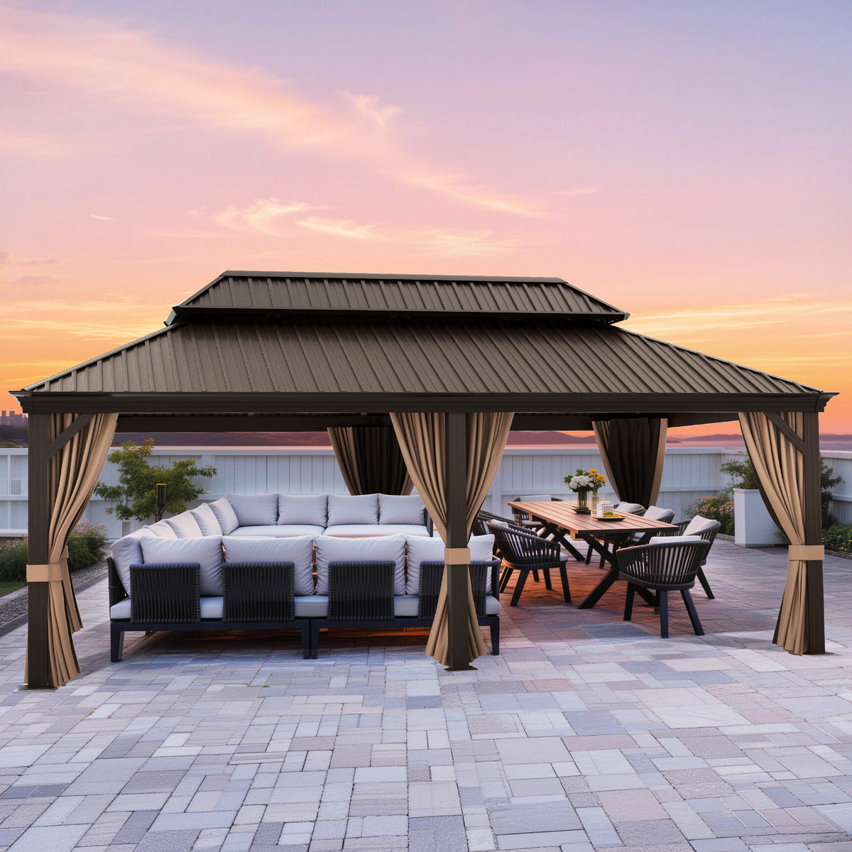 Patioslife Haven Luxury Hardtop Gazebo with 4.7” x 4.7” Reinforced Aluminum Posts, Built-In Drainage Gutters, Curtains & Netting for Patios & Backyards