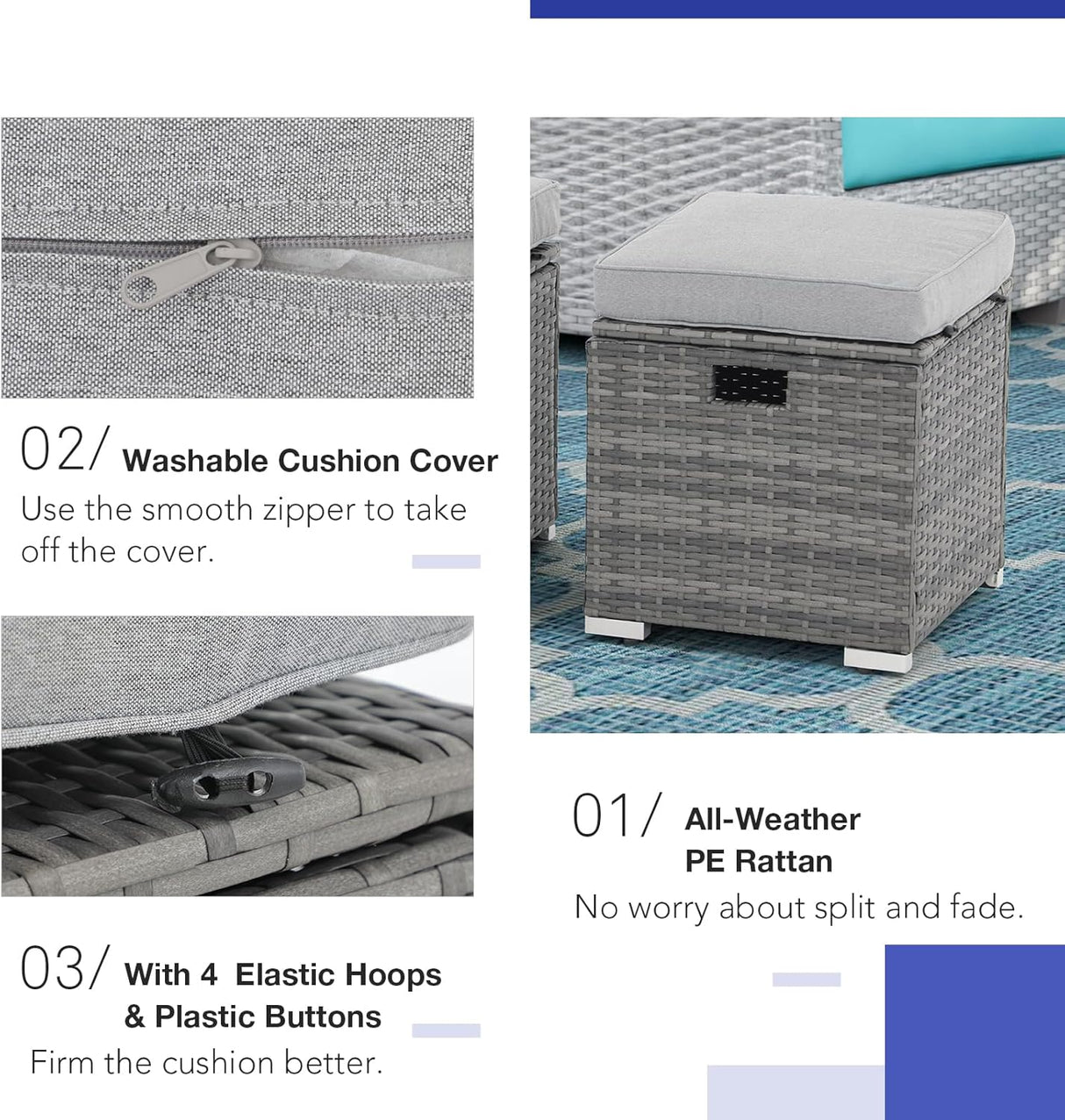 Patioslife Outdoor Ottoman with Storage – Grey PE Rattan Footrest with Thick Cushion for Patio or Pool