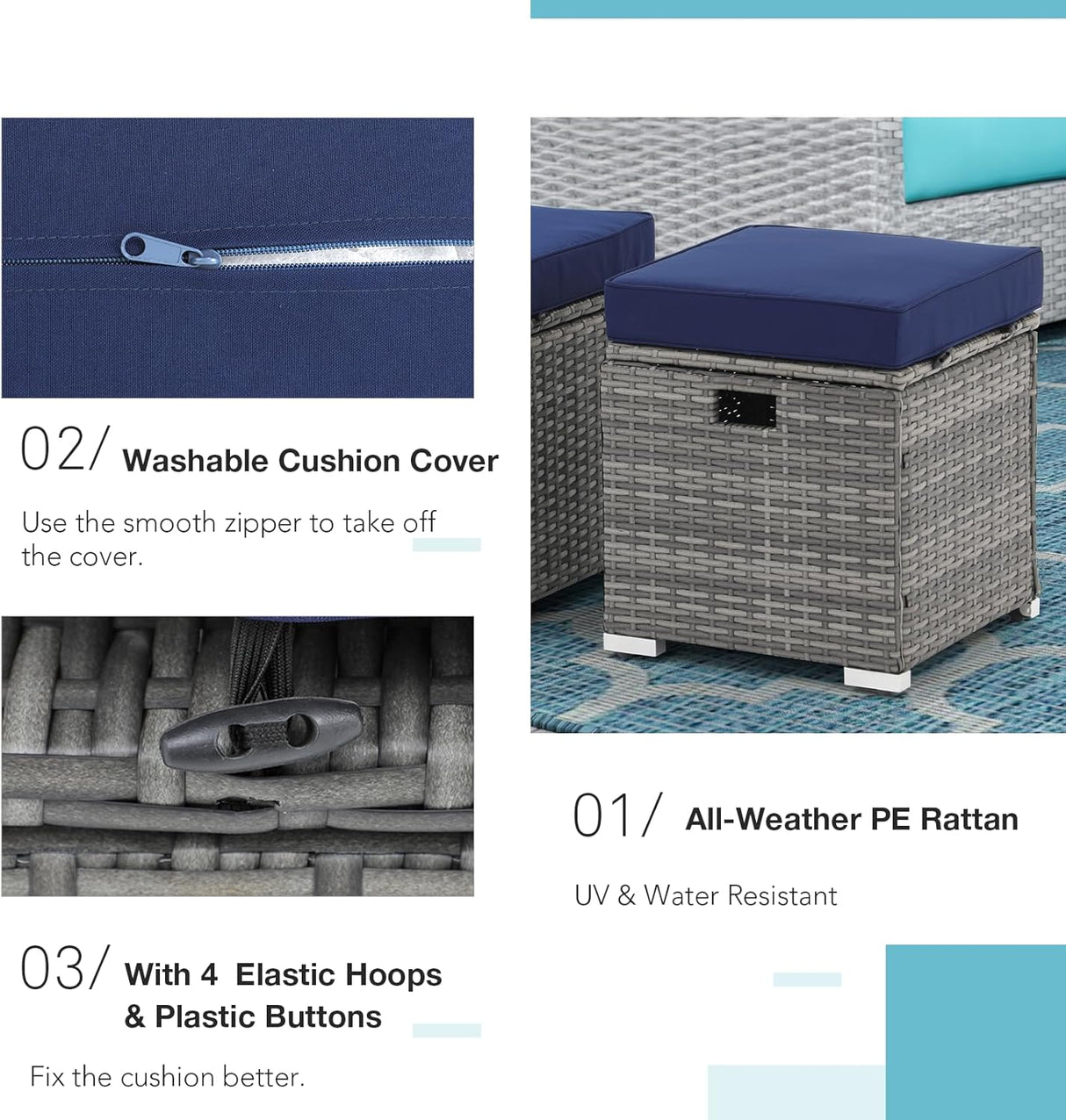 Patioslife Outdoor Ottoman with Storage – Grey PE Rattan Footrest with Thick Cushion for Patio or Pool