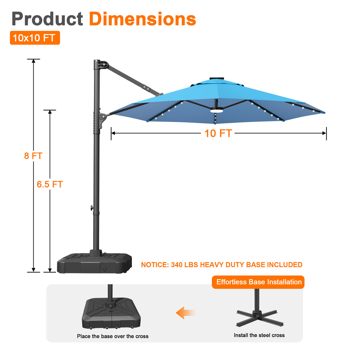 Patioslife Aegis 10ft Round Cantilever Patio Umbrella with solar LED lights | Premium Cover | Large Base