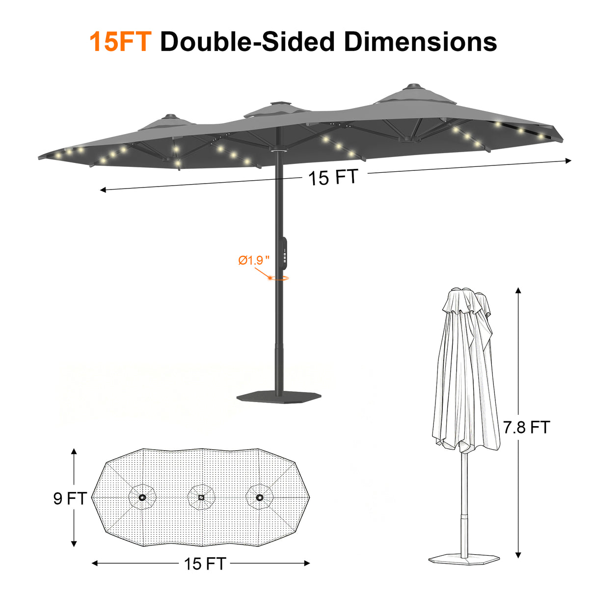 Patioslife Aegis Premium Motorized Double-Sided Patio Umbrella — Remote Control, UPF 50+, Solar LED & Windproof Frame