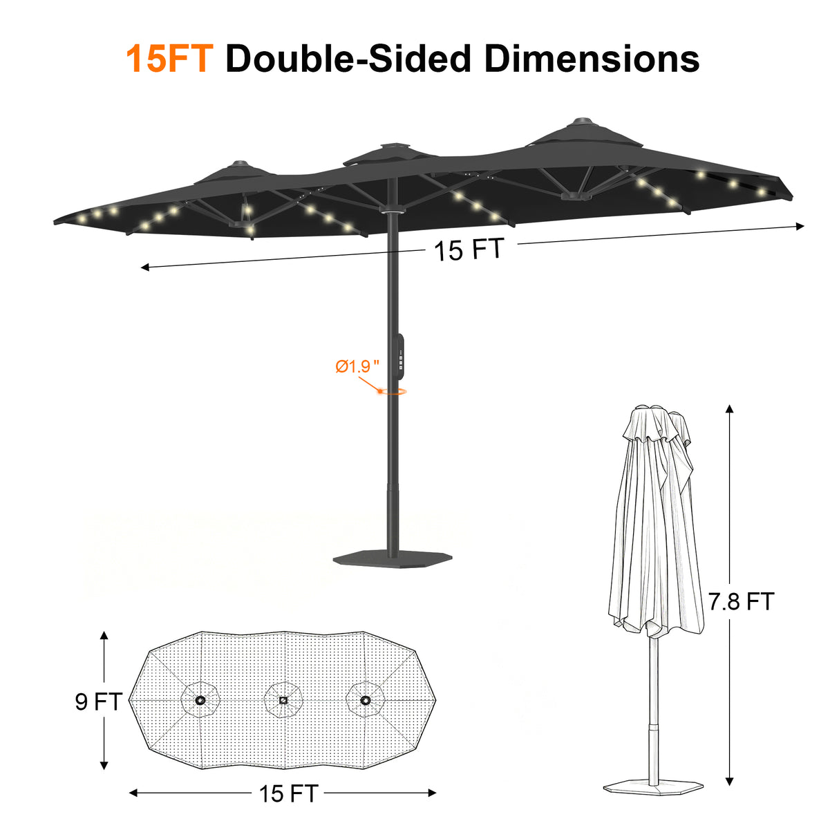Patioslife Aegis Premium Motorized Double-Sided Patio Umbrella — Remote Control, UPF 50+, Solar LED & Windproof Frame