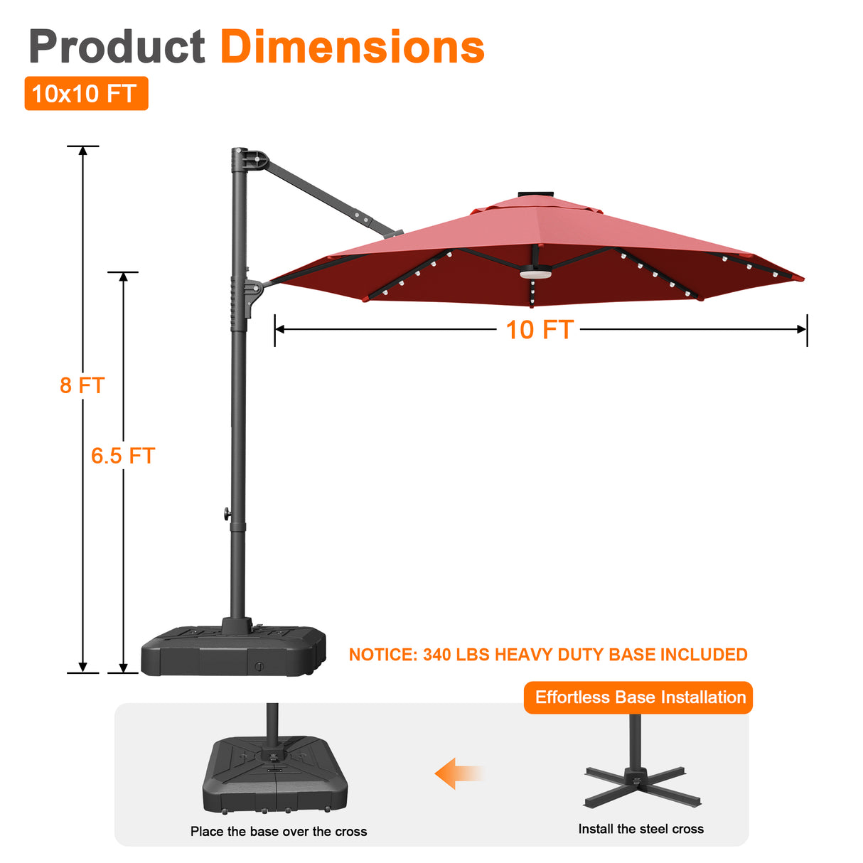 Patioslife Aegis 10ft Round Cantilever Patio Umbrella with solar LED lights | Premium Cover | Large Base