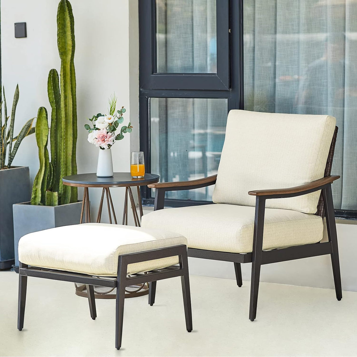 Patioslife Sofa Outdoor Furniture Metal Chair with Wicker Backrest & 6 Inches Cushion for Indoor, Front Porch, Deck, Balcony, Backyard, Sunroom