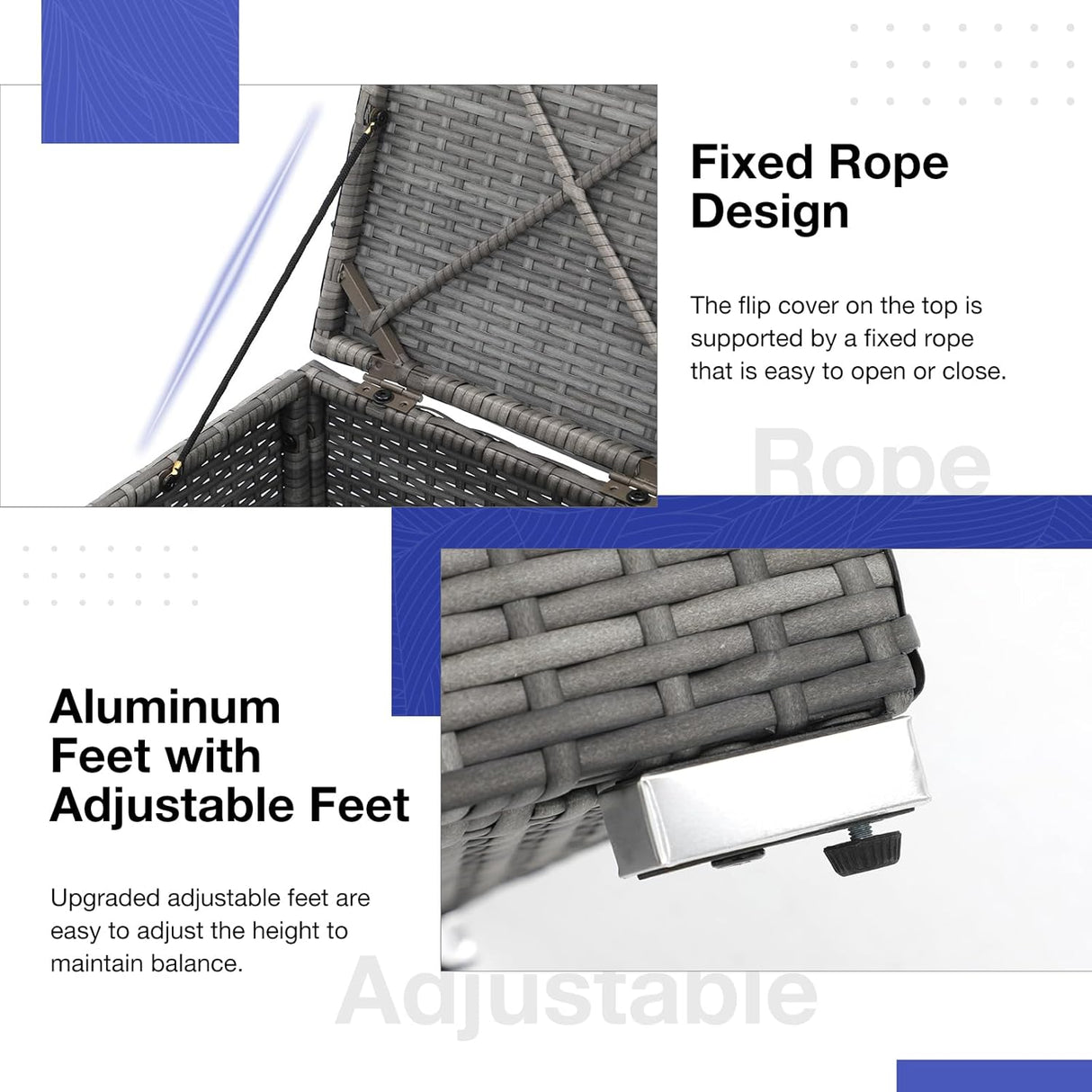 Patioslife Outdoor Ottoman with Storage – Grey PE Rattan Footrest with Thick Cushion for Patio or Pool