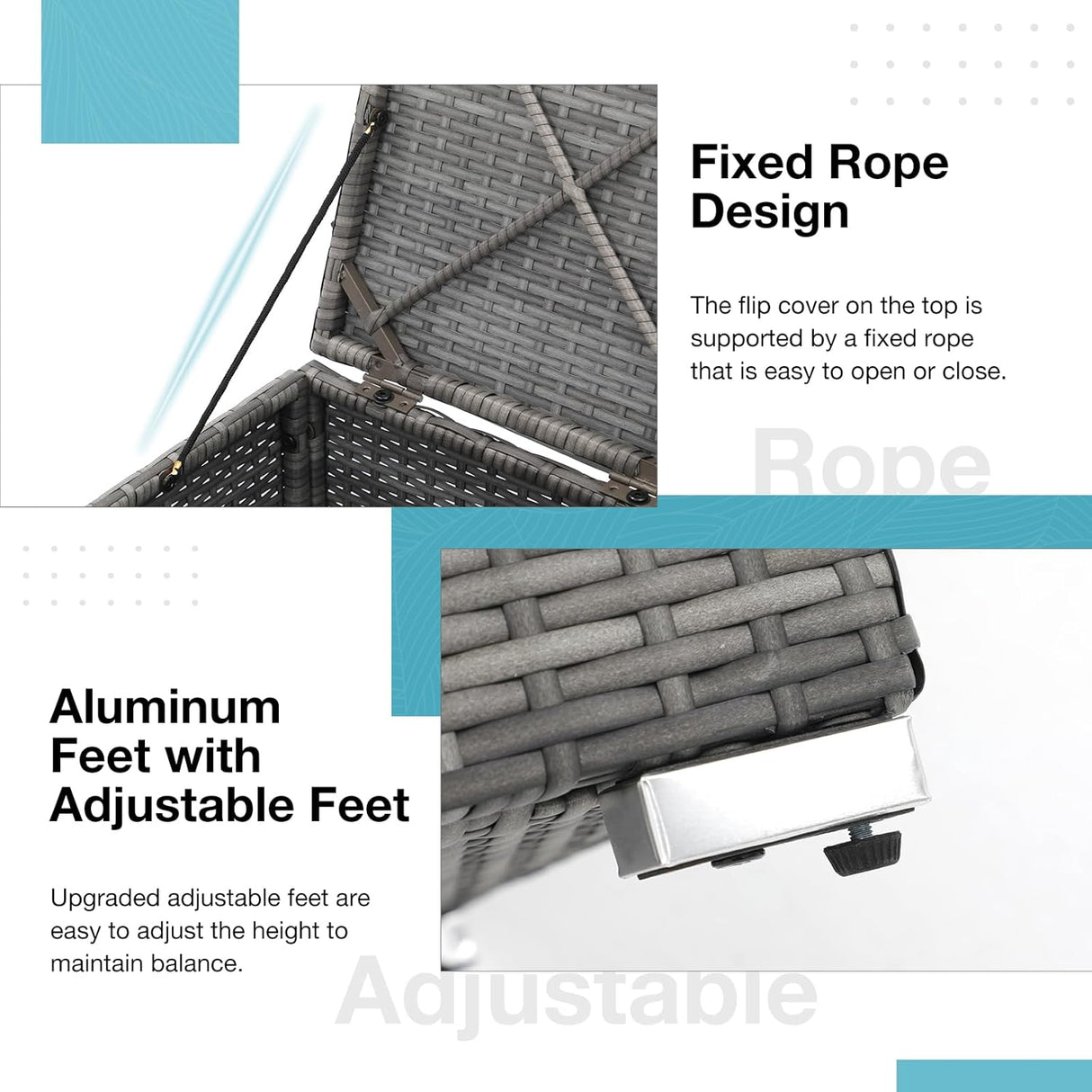 Patioslife Outdoor Ottoman with Storage – Grey PE Rattan Footrest with Thick Cushion for Patio or Pool