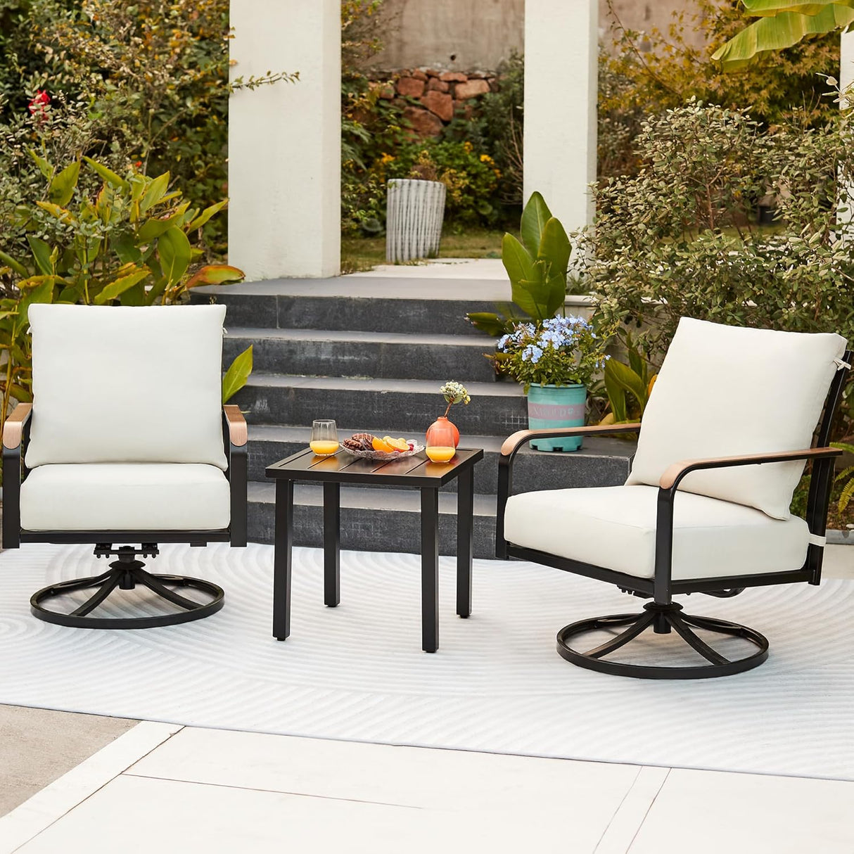 Patioslife Outdoor Conversation Furniture Set with 2 Rockers, 1 Metal Table and 6" Thick Cushions for Backyard, Porch, Balcony