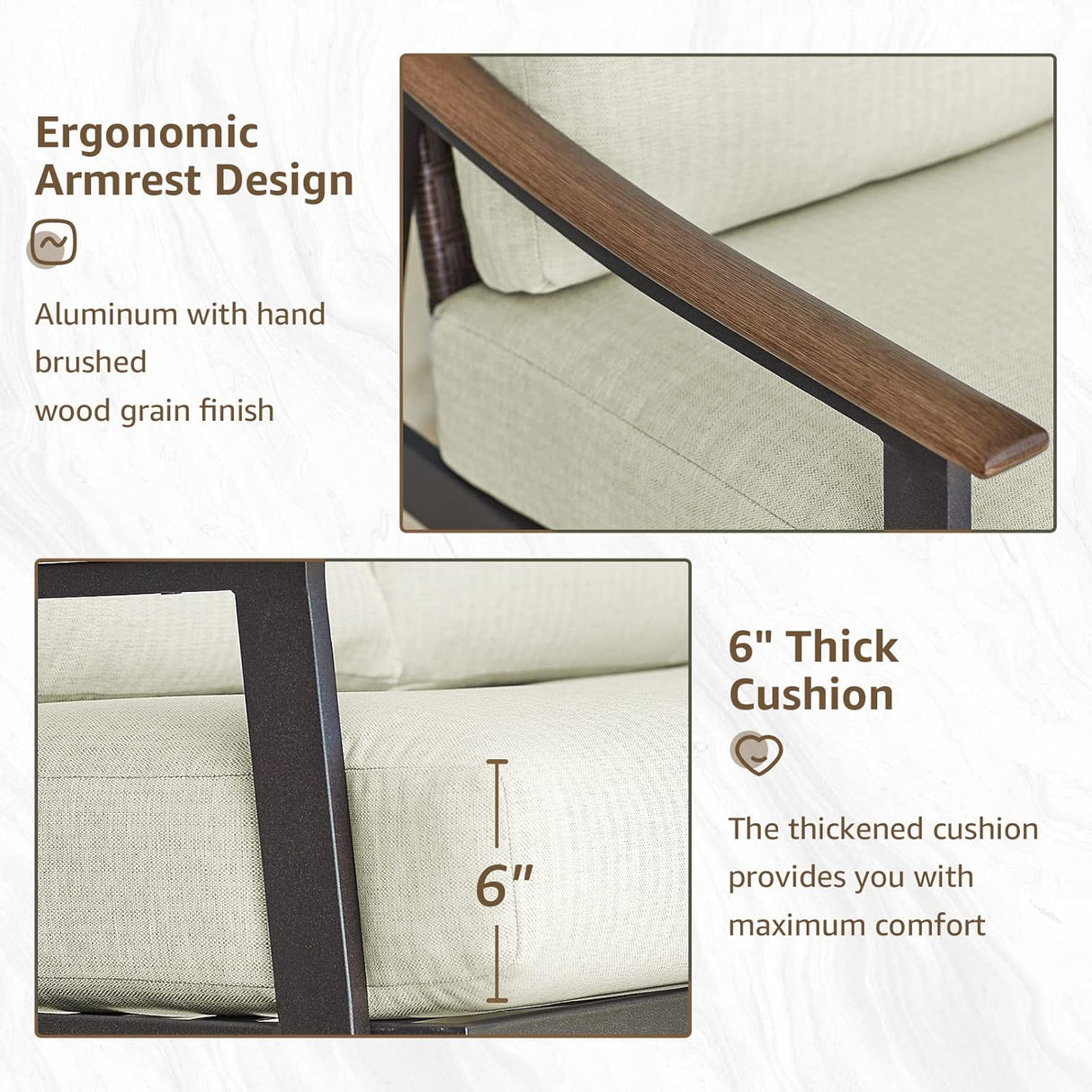 Patioslife Sofa Outdoor Furniture Metal Chair with Wicker Backrest & 6 Inches Cushion for Indoor, Front Porch, Deck, Balcony, Backyard, Sunroom