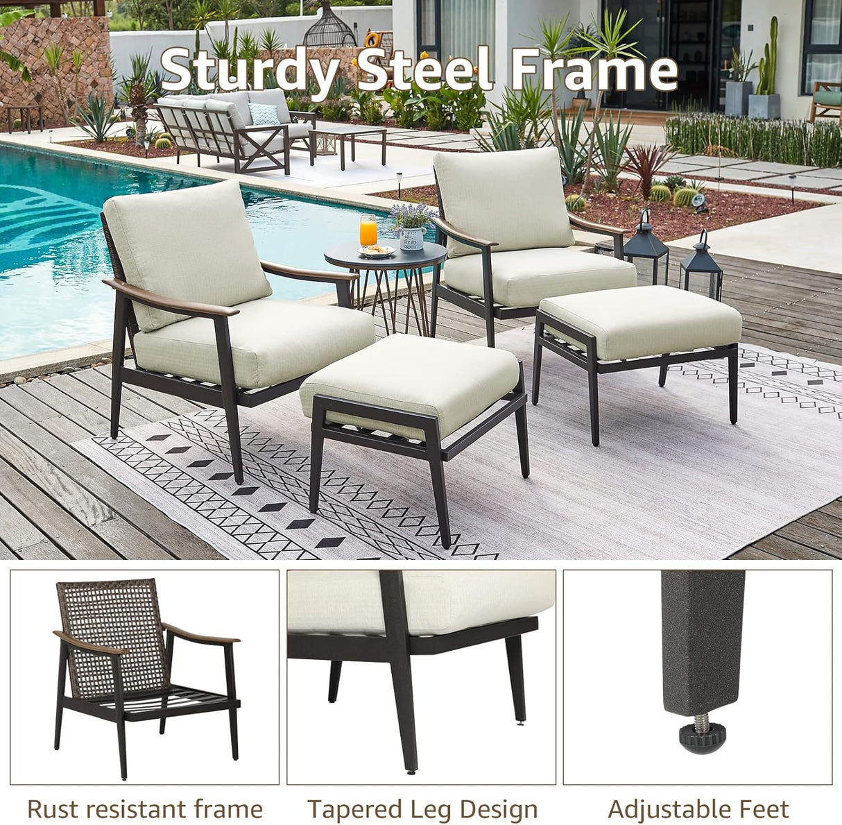 Patioslife Sofa Outdoor Furniture Metal Chair with Wicker Backrest & 6 Inches Cushion for Indoor, Front Porch, Deck, Balcony, Backyard, Sunroom