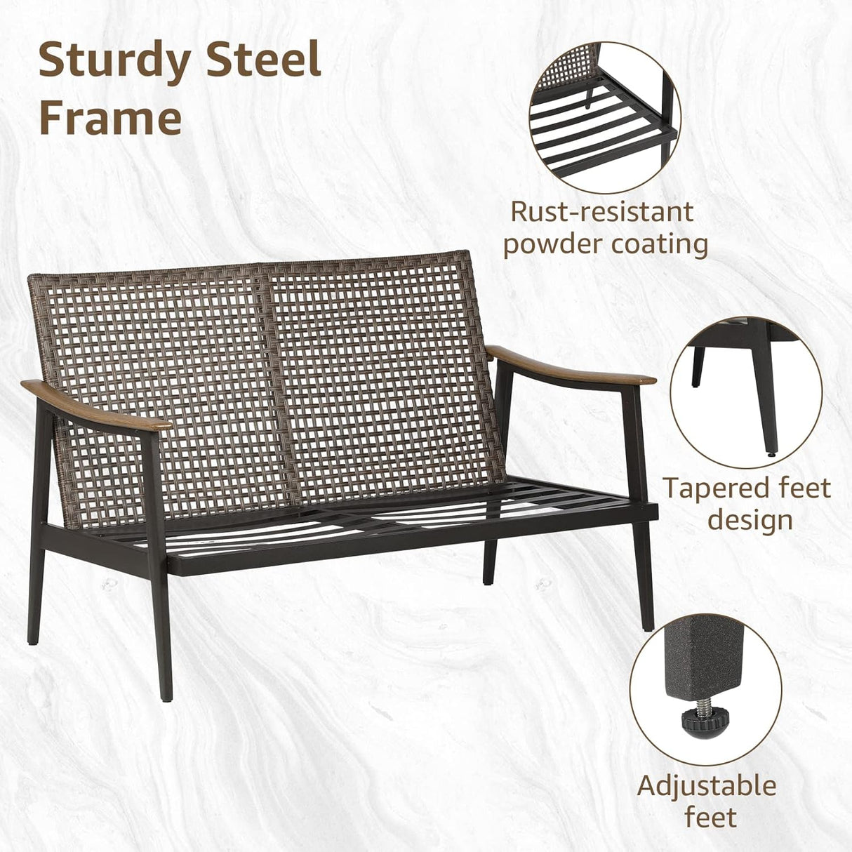 Patioslife Sofa Outdoor Furniture Metal Chair with Wicker Backrest & 6 Inches Cushion for Indoor, Front Porch, Deck, Balcony, Backyard, Sunroom