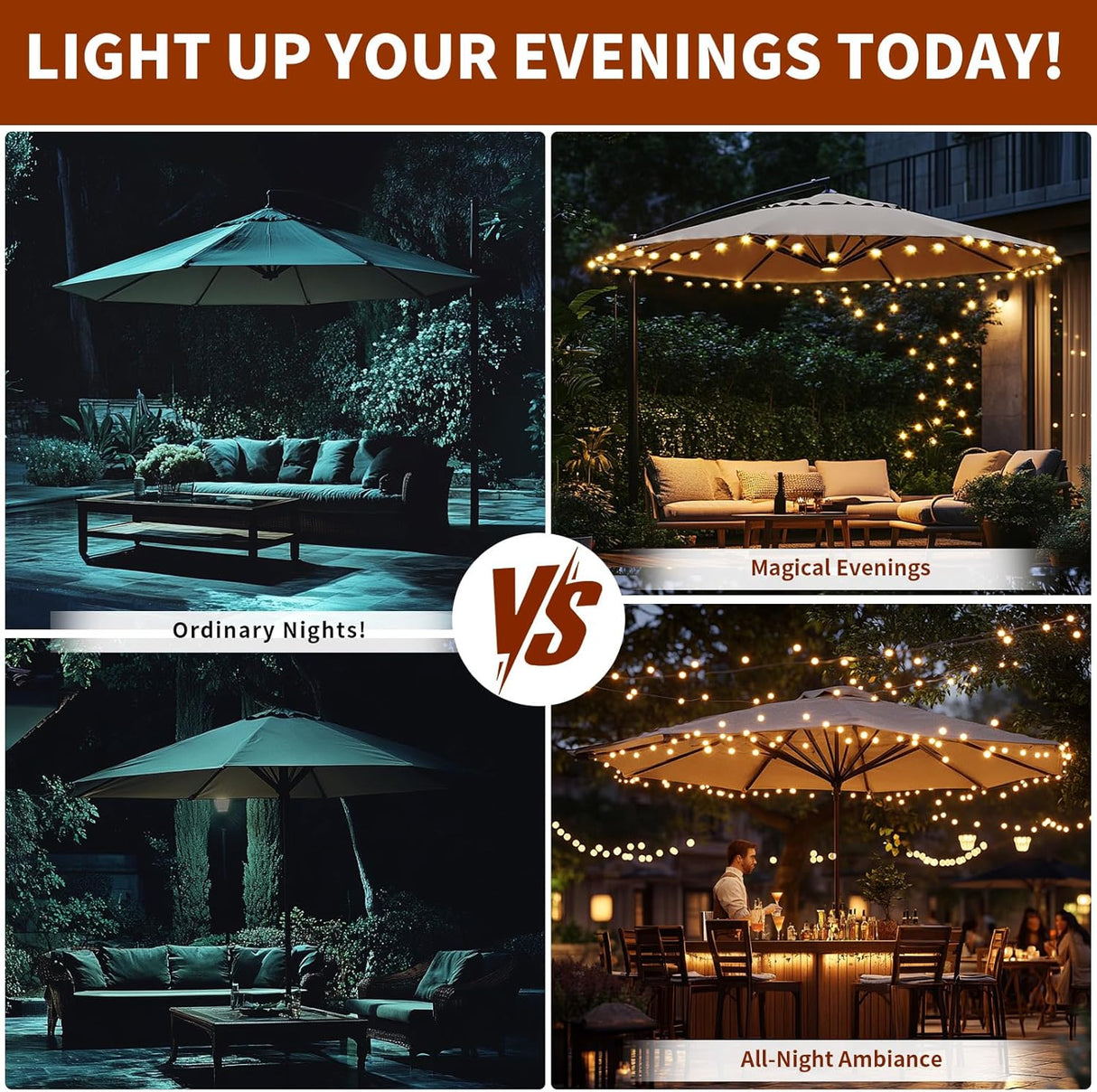 Patioslife Patio Umbrella & Gazebo Lights Control Battery Operated Parasol Ambient Lighting for Backyard Pool and Beach Umbrella Décor