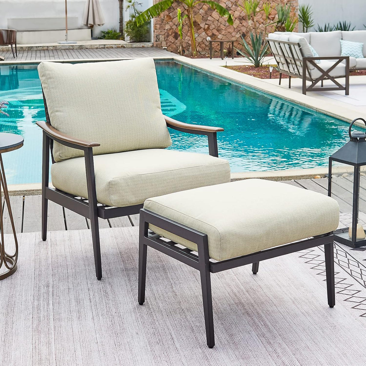 Patioslife Sofa Outdoor Furniture Metal Chair with Wicker Backrest & 6 Inches Cushion for Indoor, Front Porch, Deck, Balcony, Backyard, Sunroom