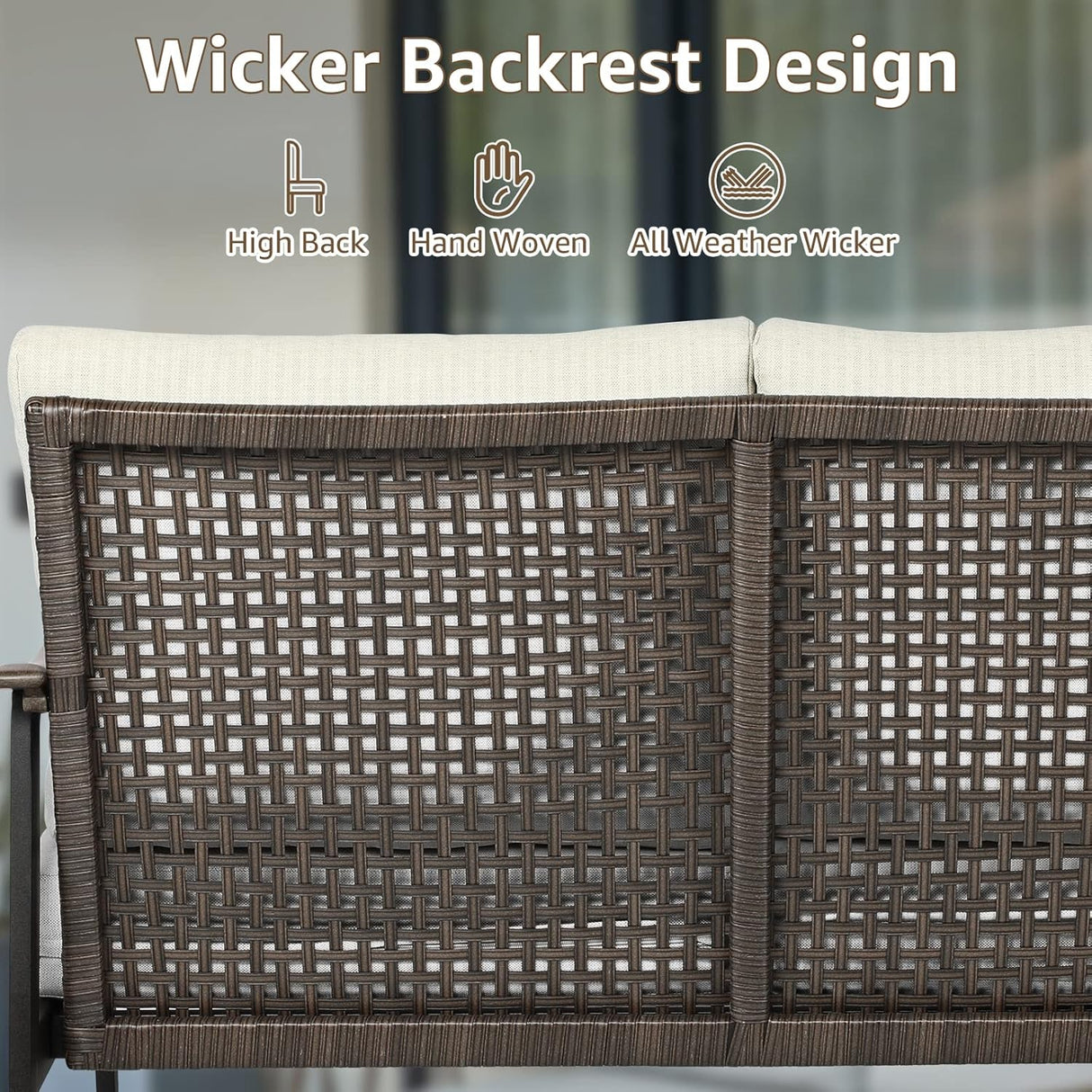 Patioslife Sofa Outdoor Furniture Metal Chair with Wicker Backrest & 6 Inches Cushion for Indoor, Front Porch, Deck, Balcony, Backyard, Sunroom