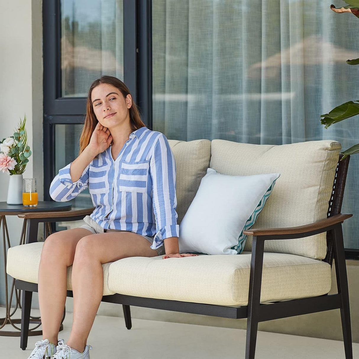 Patioslife Sofa Outdoor Furniture Metal Chair with Wicker Backrest & 6 Inches Cushion for Indoor, Front Porch, Deck, Balcony, Backyard, Sunroom