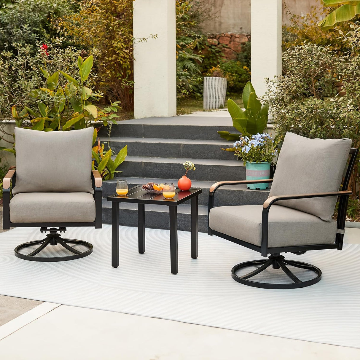 Patioslife Outdoor Conversation Furniture Set with 2 Rockers, 1 Metal Table and 6" Thick Cushions for Backyard, Porch, Balcony