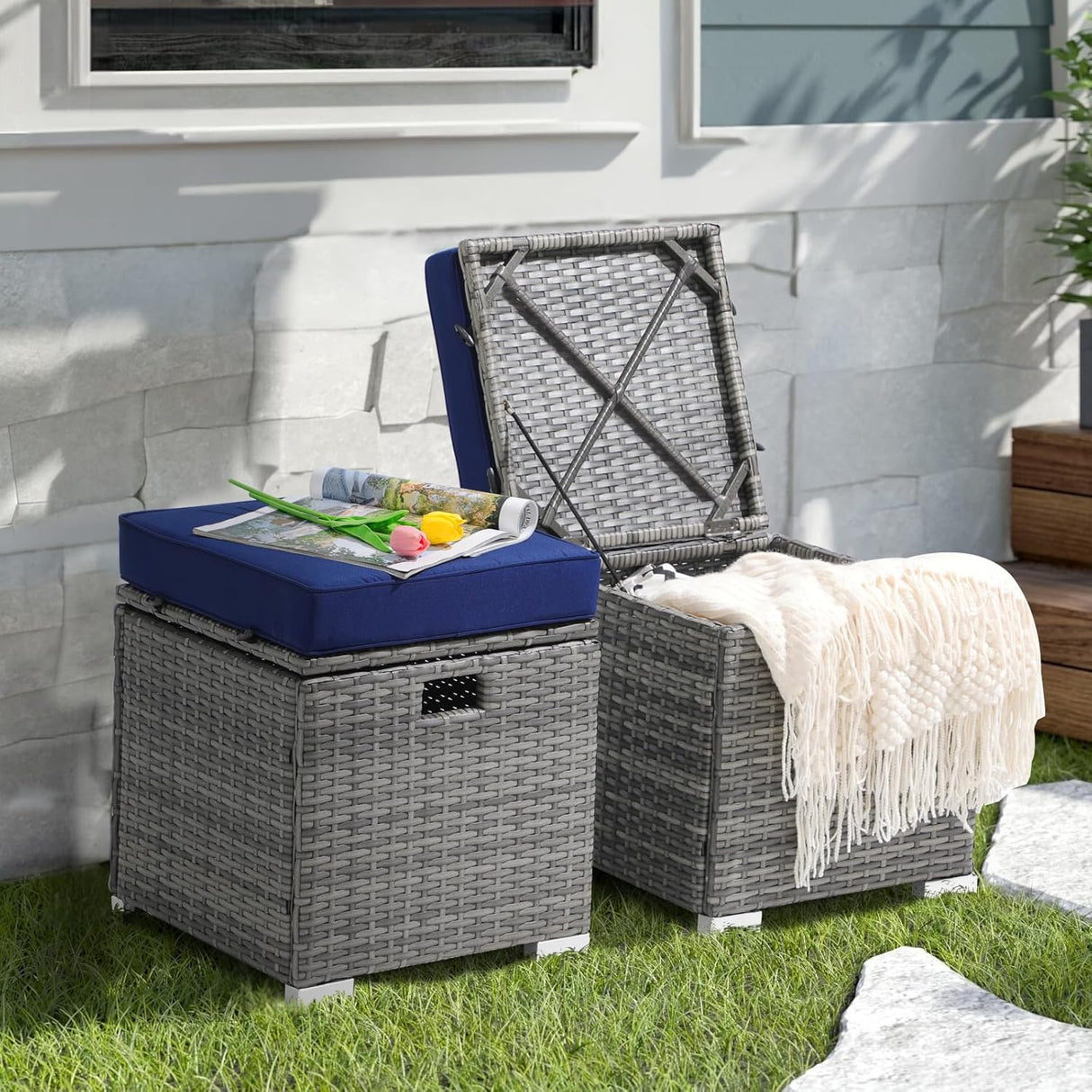 Patioslife Outdoor Ottoman with Storage – Grey PE Rattan Footrest with Thick Cushion for Patio or Pool