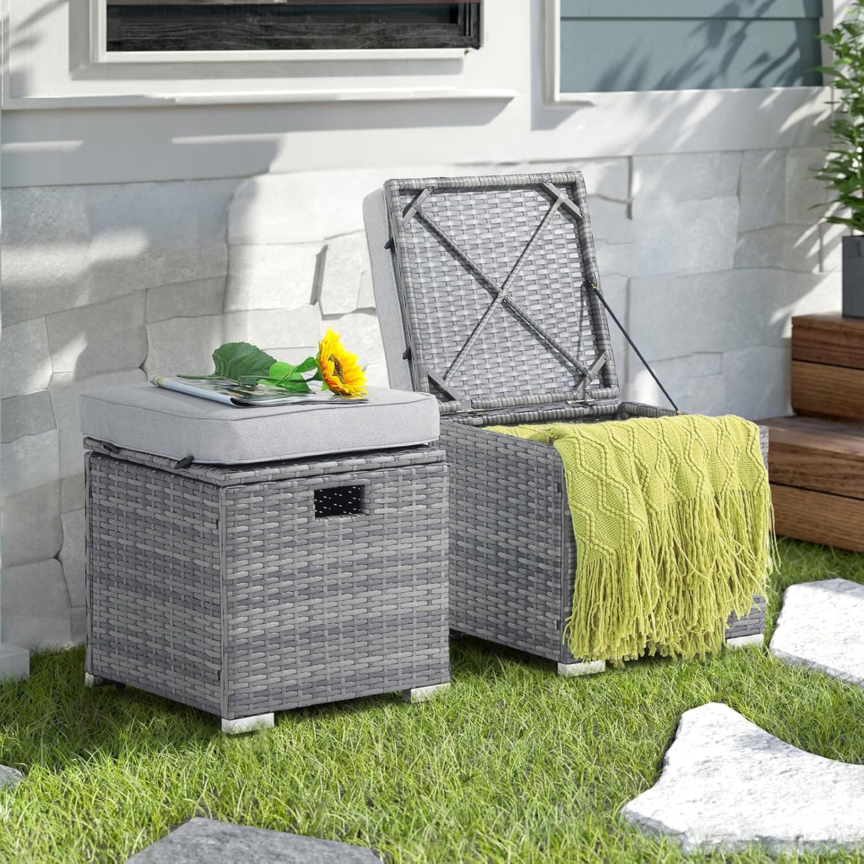 Patioslife Outdoor Ottoman with Storage – Grey PE Rattan Footrest with Thick Cushion for Patio or Pool