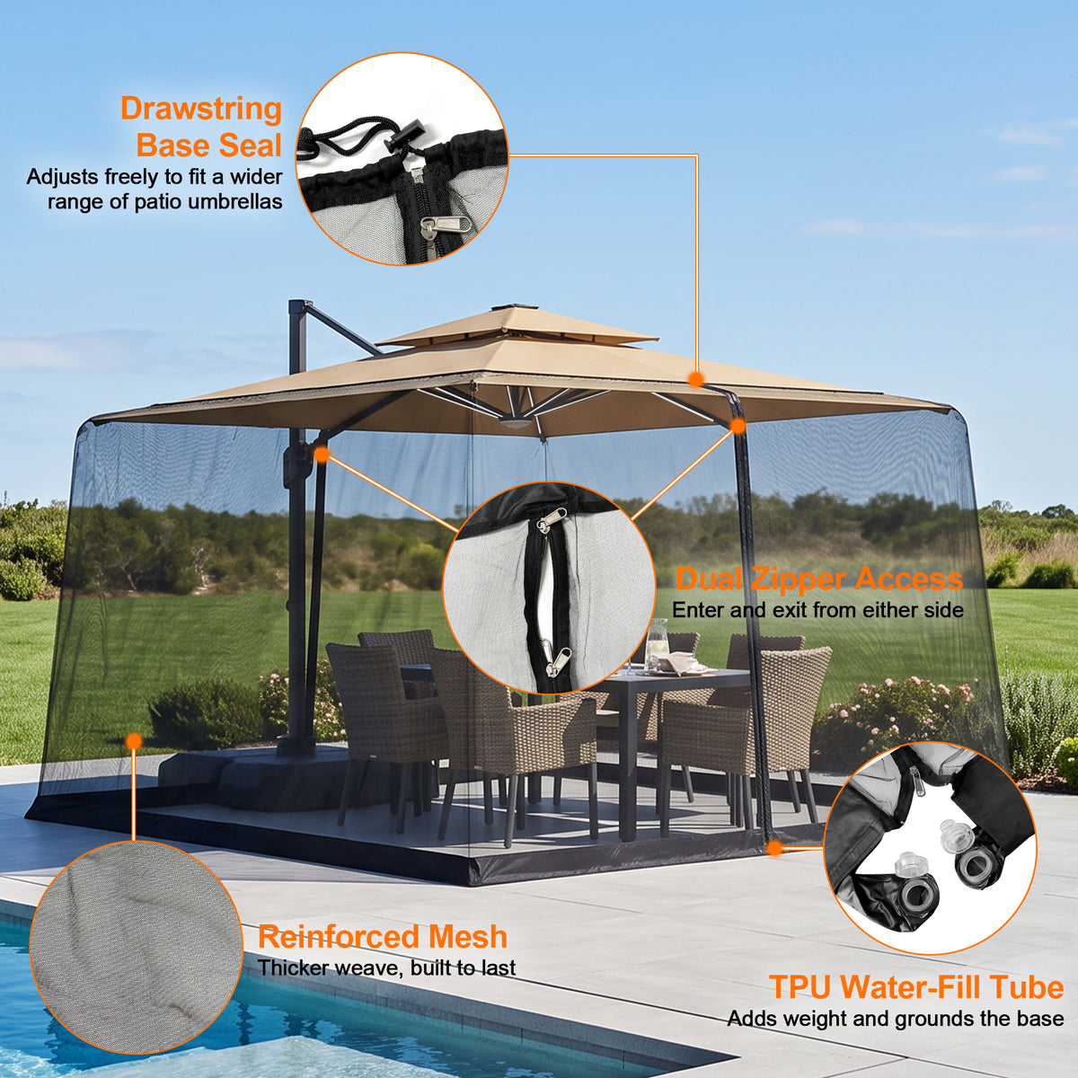 Patioslife Mosquito Net for Cantilever Patio Umbrella – Zippered Bug Netting Enclosure with Weighted Hem, Fits 8–13 ft Umbrellas