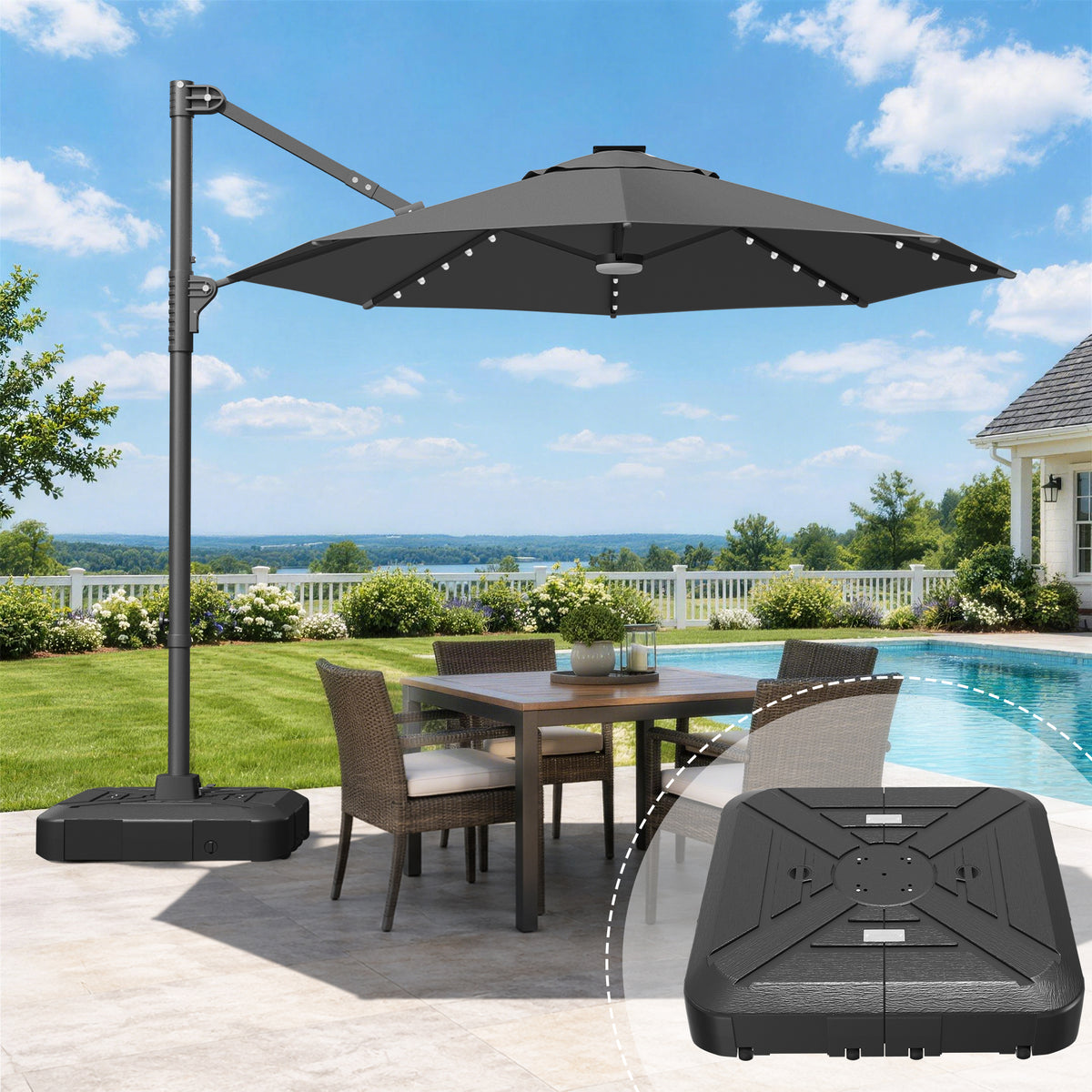 Patioslife Aegis 10ft Round Cantilever Patio Umbrella with solar LED lights | Premium Cover | Large Base